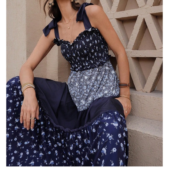 Boho Floral print Color Block Adjustable Straps maxi Dress - Picture 3 of 6